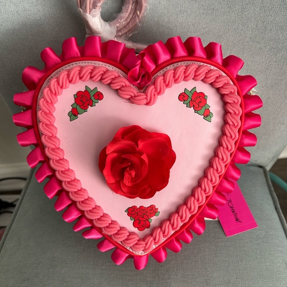 Betsey Johnson Heart Shaped Pink and Red Crossbody Bag with Roses - Picture 2 of 6